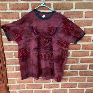 Biker, moto, grunge graphic tee. Roses, skulls and wings. XXL